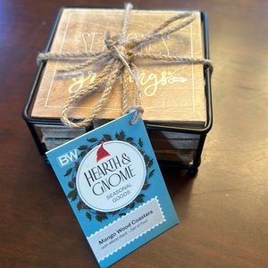 Mango wood coasters with metal holder new with tags